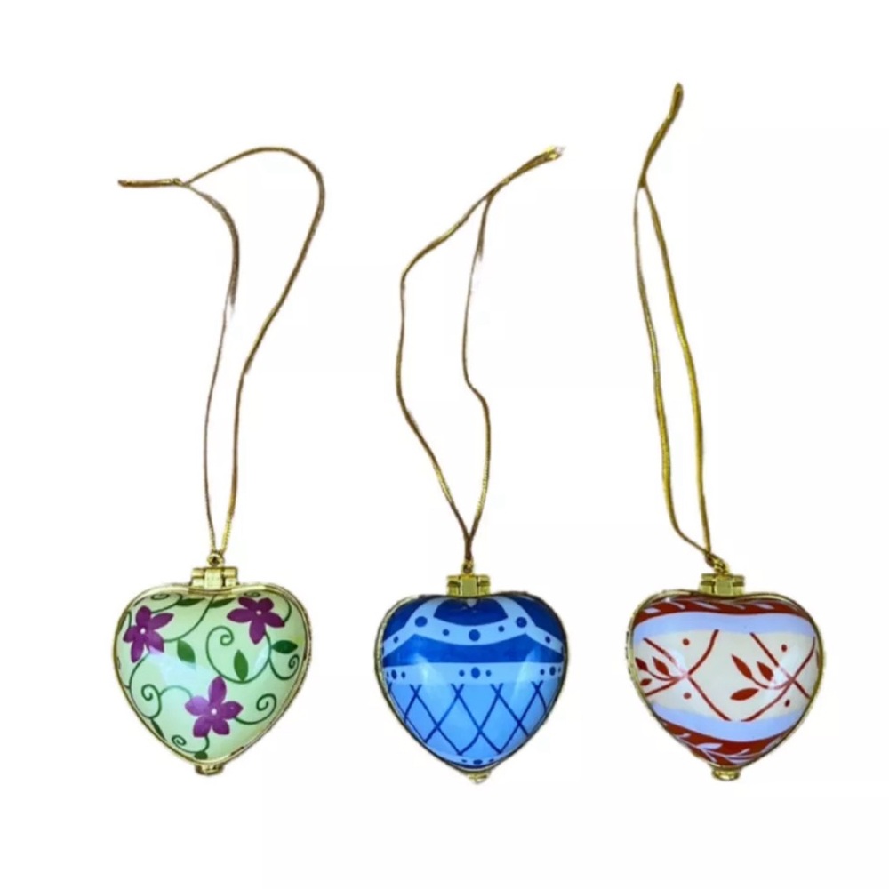 3 Valerie Parr Hill Porcelain Hearts Hope Peace Laughter Memory Trinket Ornament
